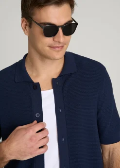 Braided Knit Short Sleeve Polo Cardigan for Tall Men