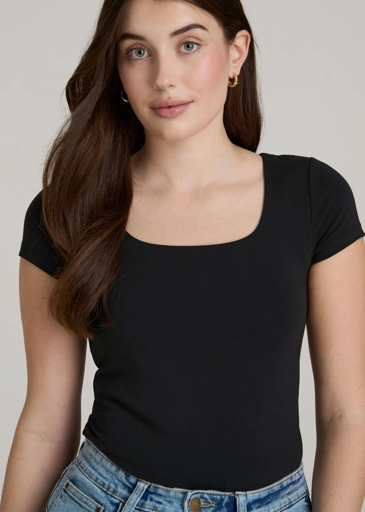 Cotton Blend Short Sleeve Square Neck Bodysuit for Tall Women