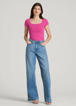 Cotton Blend Short Sleeve Square Neck Bodysuit for Tall Women