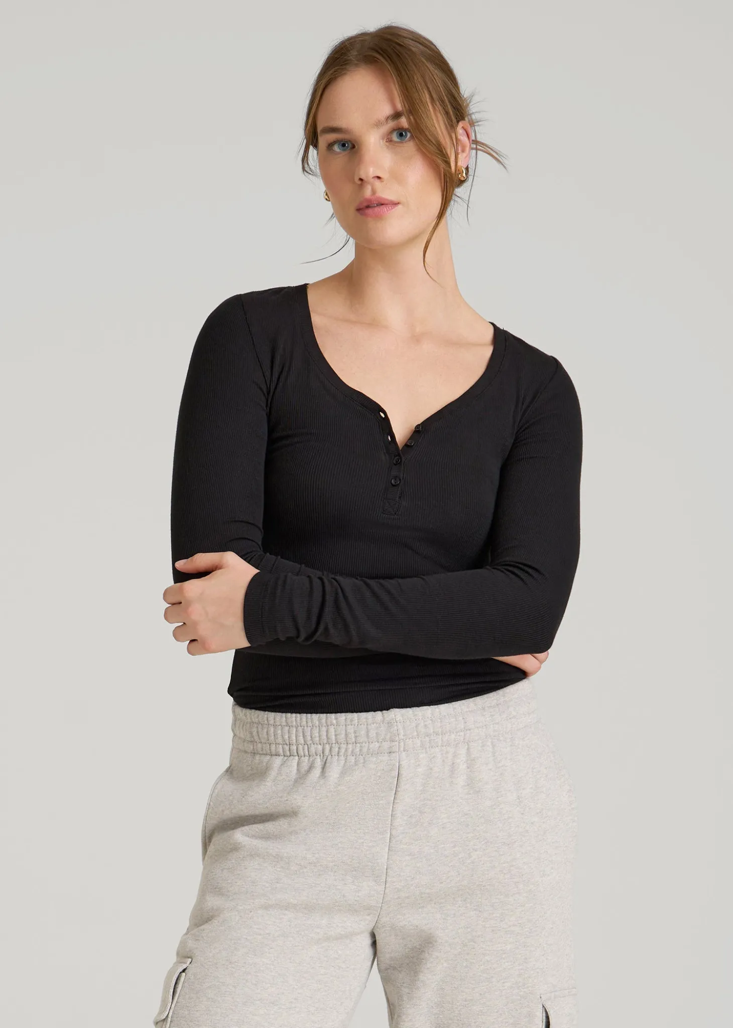 Fitted Ribbed Long Sleeve Henley for Tall Women