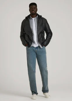 Genuine Leather Hooded Bomber for Tall Men