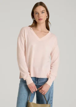 Linen Blend Split Hem V-Neck Sweater for Tall Women