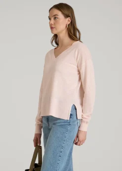 Linen Blend Split Hem V-Neck Sweater for Tall Women