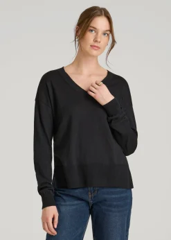 Linen Blend Split Hem V-Neck Sweater for Tall Women