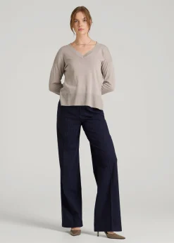 Linen Blend Split Hem V-Neck Sweater for Tall Women