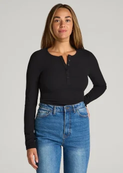 Long Sleeve Ribbed Crewneck Henley Shirt for Tall Women