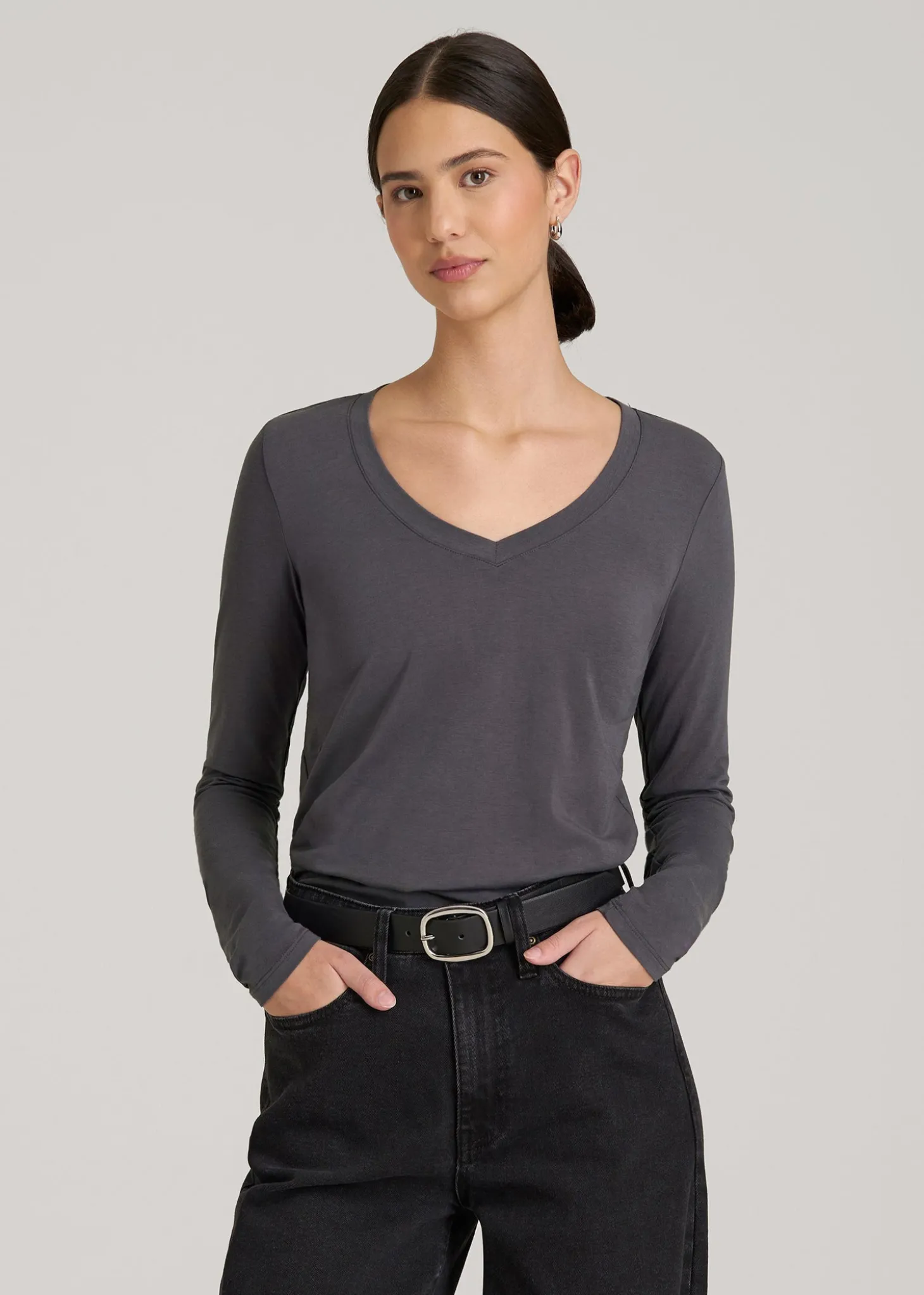 Long Sleeve Scoop V-Neck Tee Shirt for Tall Women