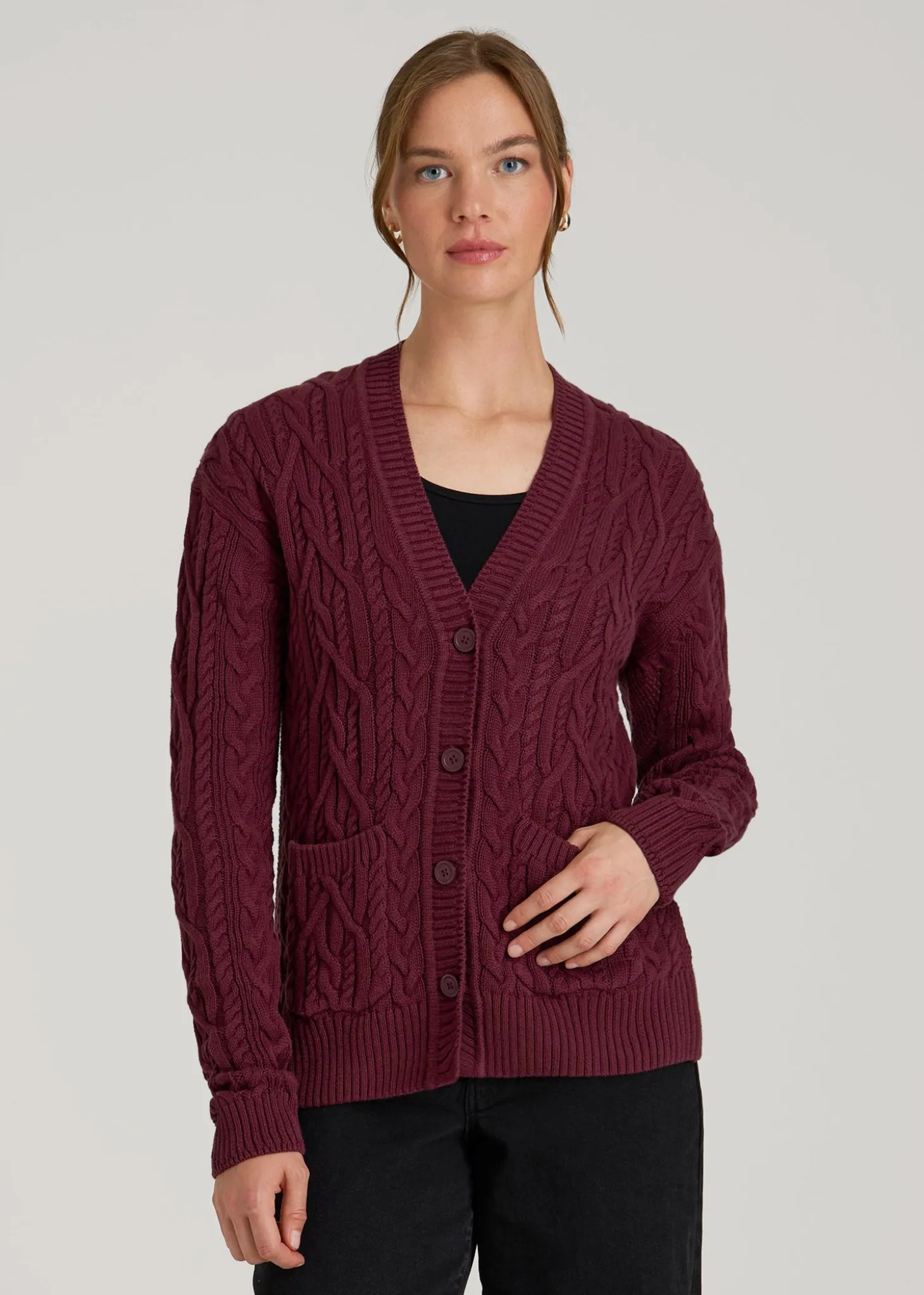 Relaxed Cotton Cable Knit Cardigan for Tall Women