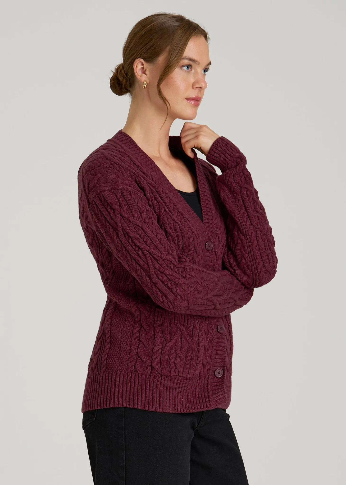 Relaxed Cotton Cable Knit Cardigan for Tall Women