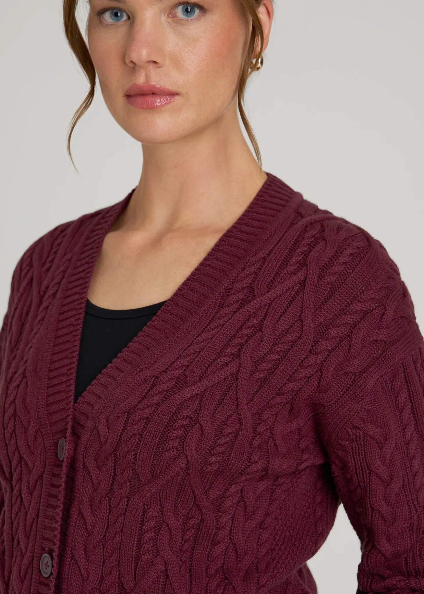 Relaxed Cotton Cable Knit Cardigan for Tall Women