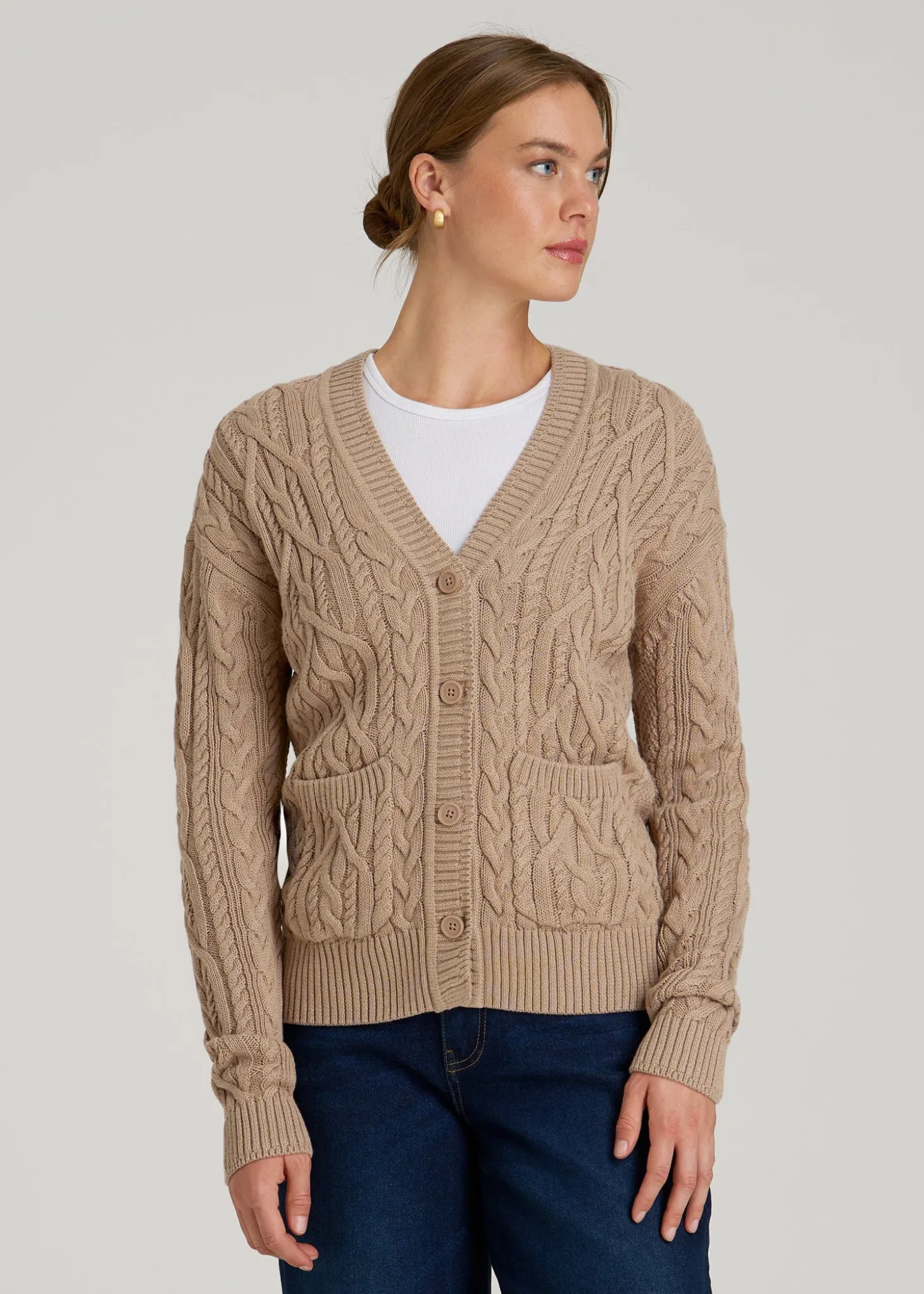 Relaxed Cotton Cable Knit Cardigan for Tall Women