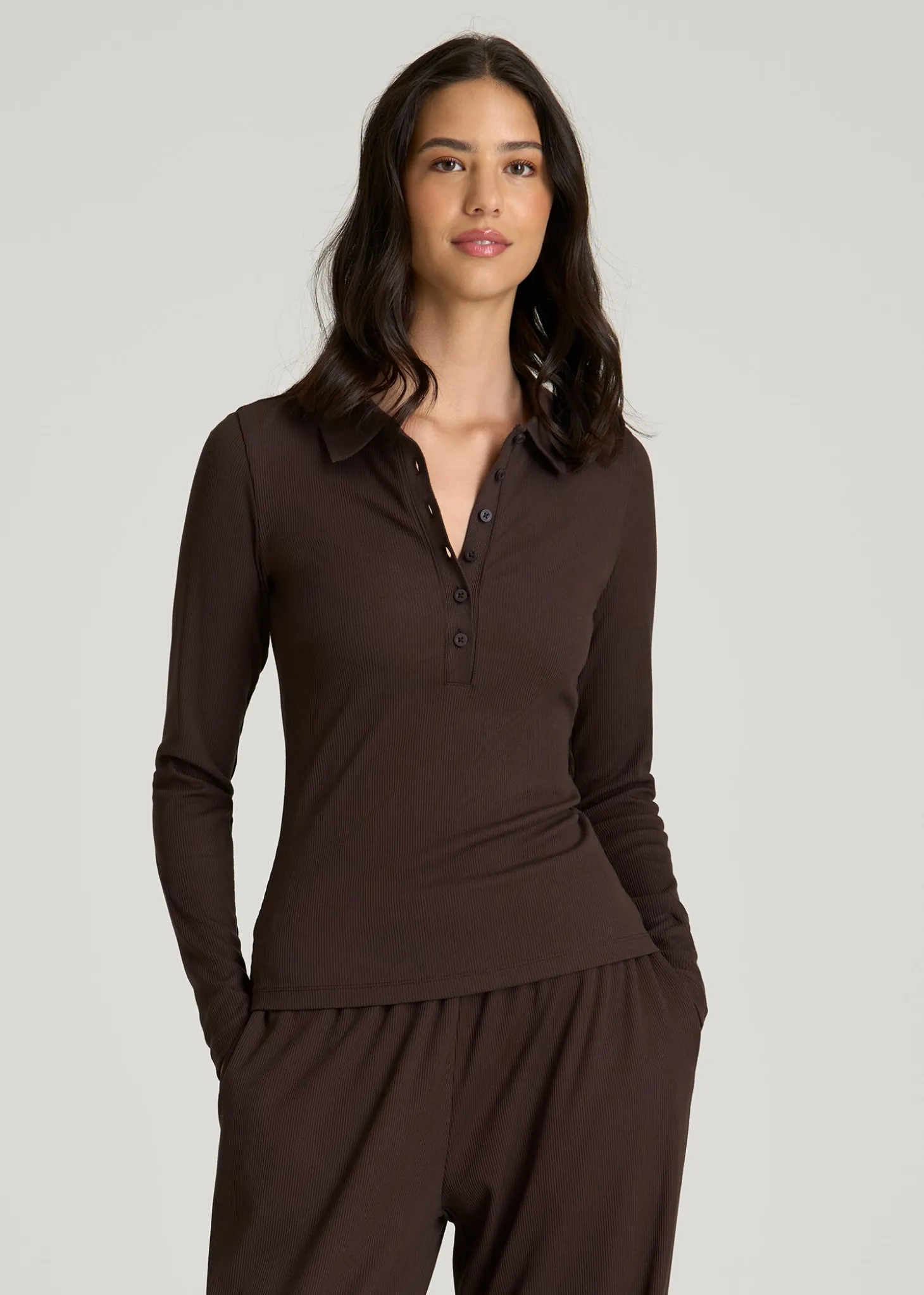 Ribbed Knit Long Sleeve Polo for Tall Women