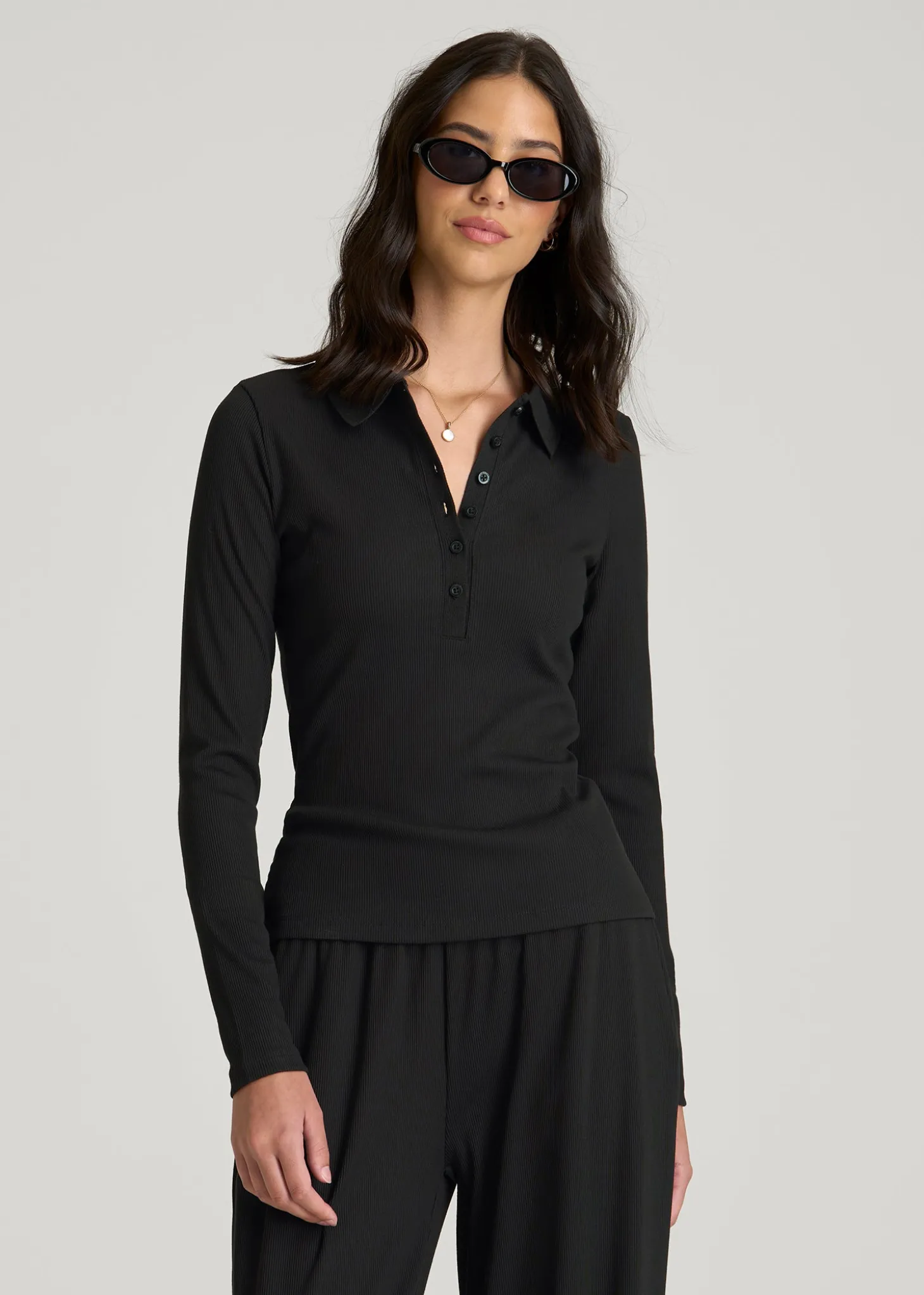 Ribbed Knit Long Sleeve Polo for Tall Women