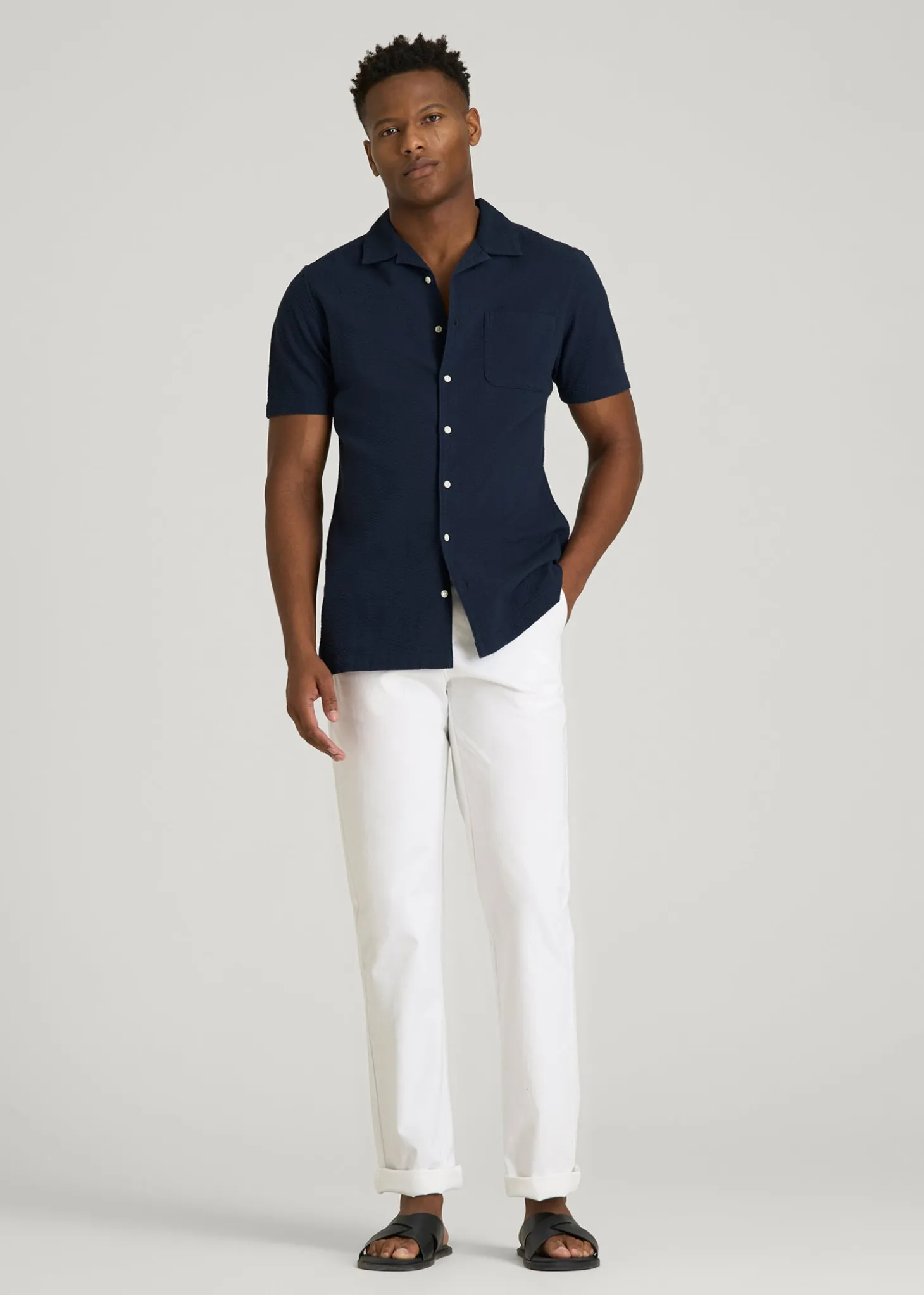 Seersucker Camp Collar Short Sleeve Shirt for Tall Men