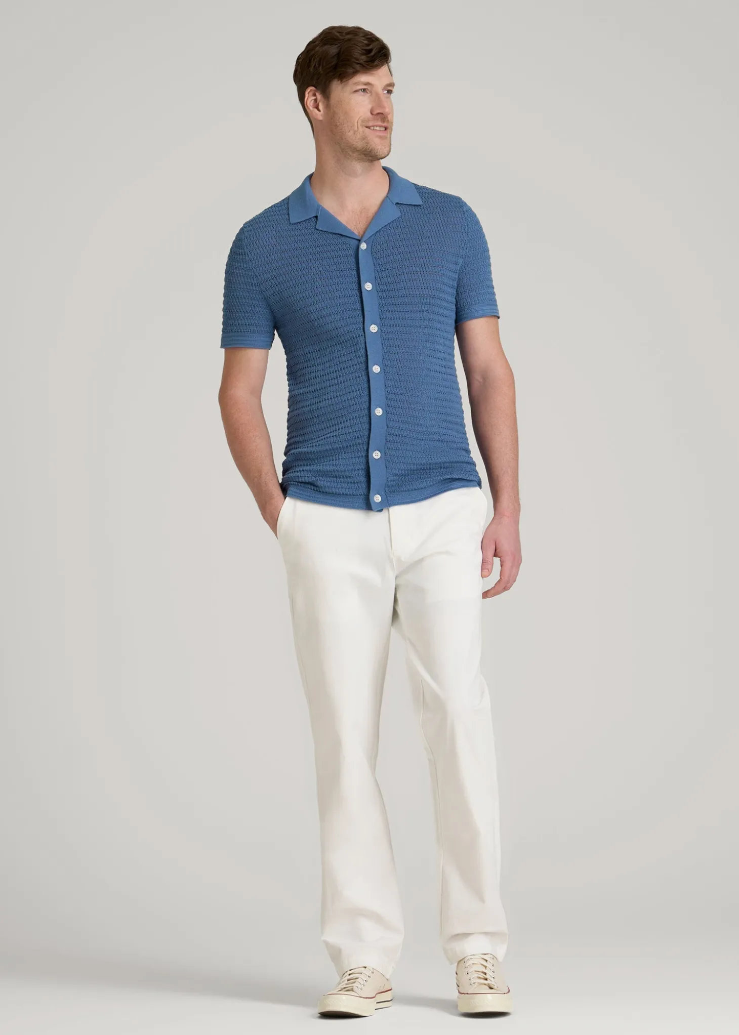 Short Sleeve Crochet Polo Cardigan for Tall Men