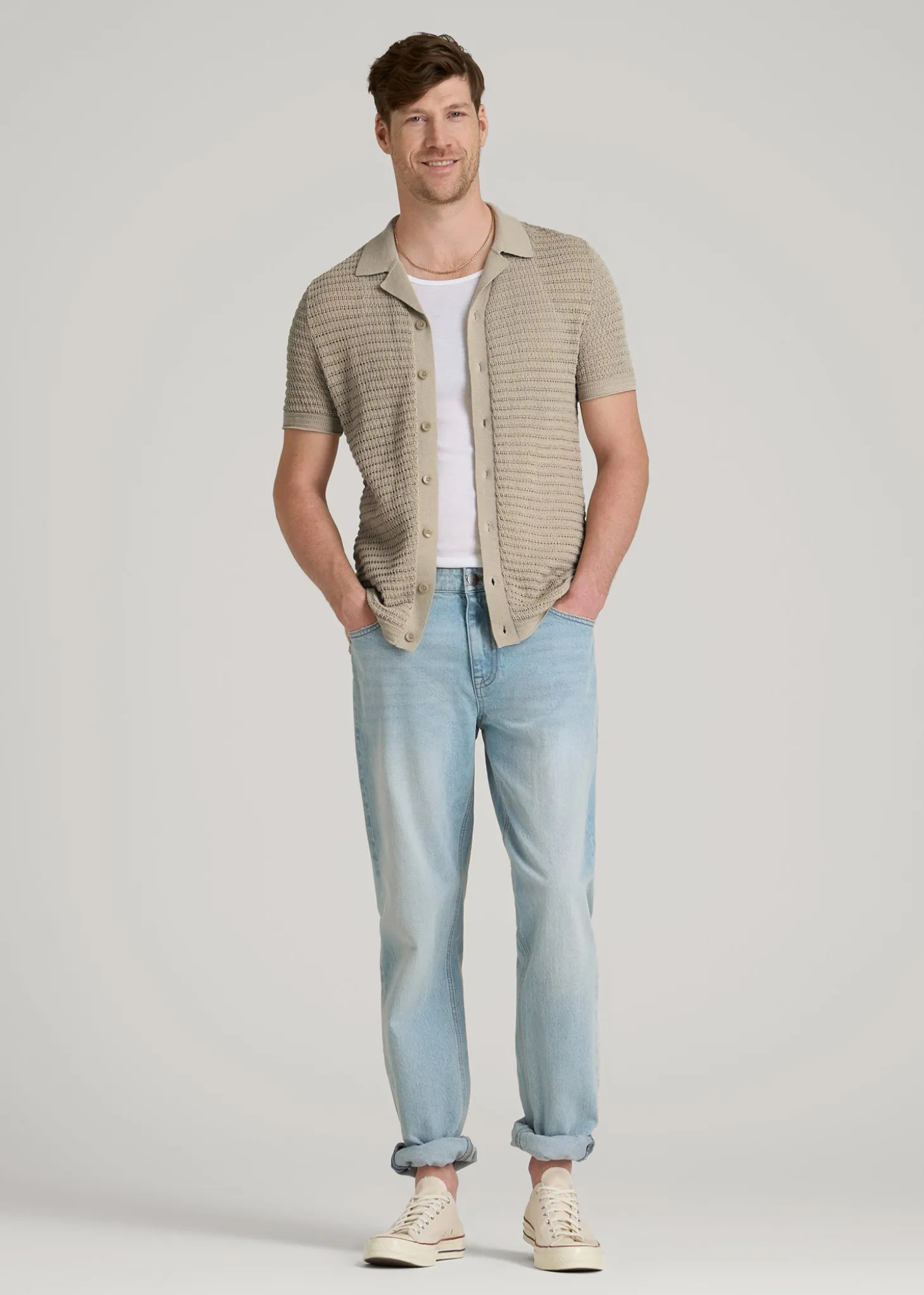 Short Sleeve Crochet Polo Cardigan for Tall Men