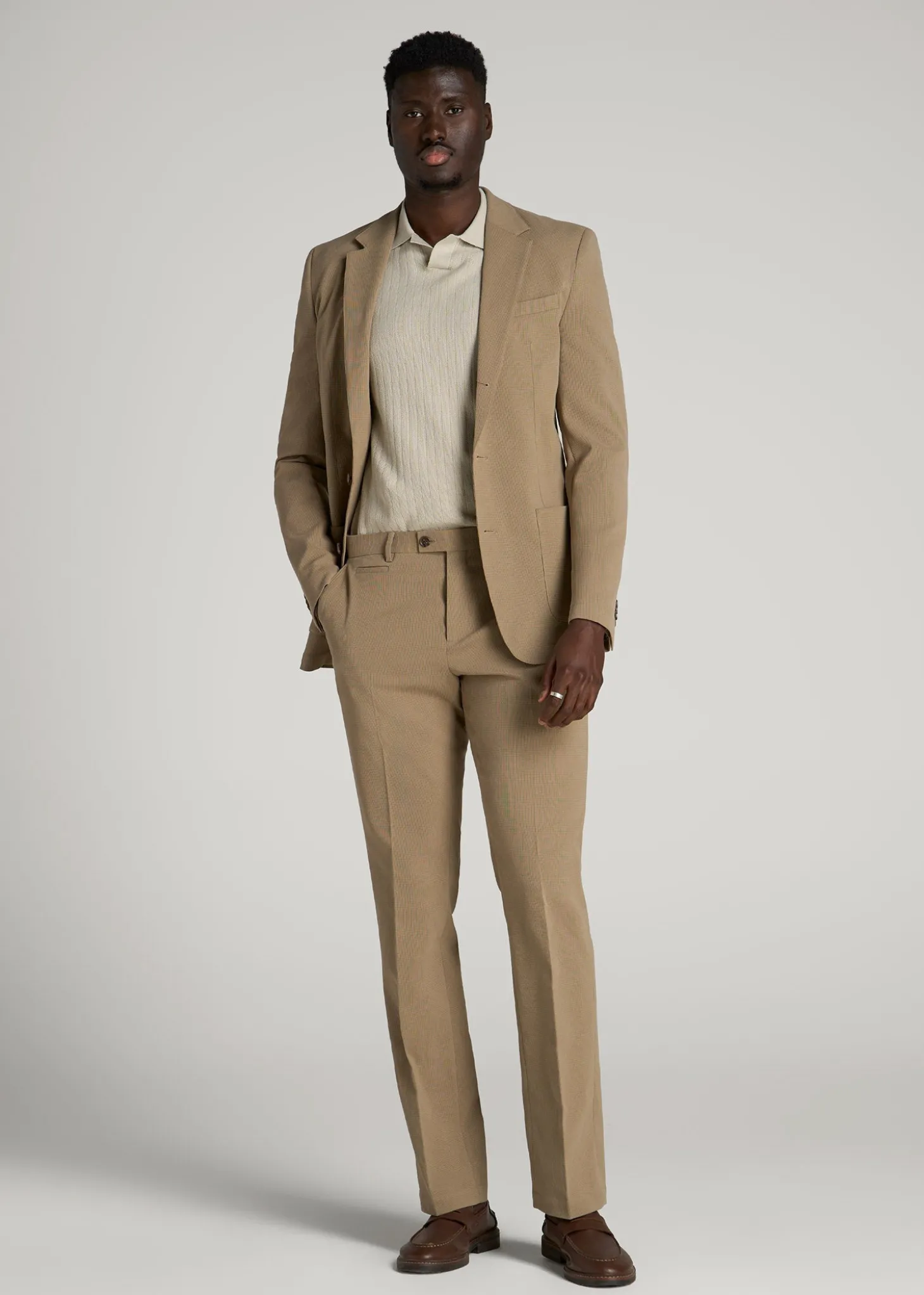 Textured Garment Washed Stretch Cotton Suit Pants for Tall Men