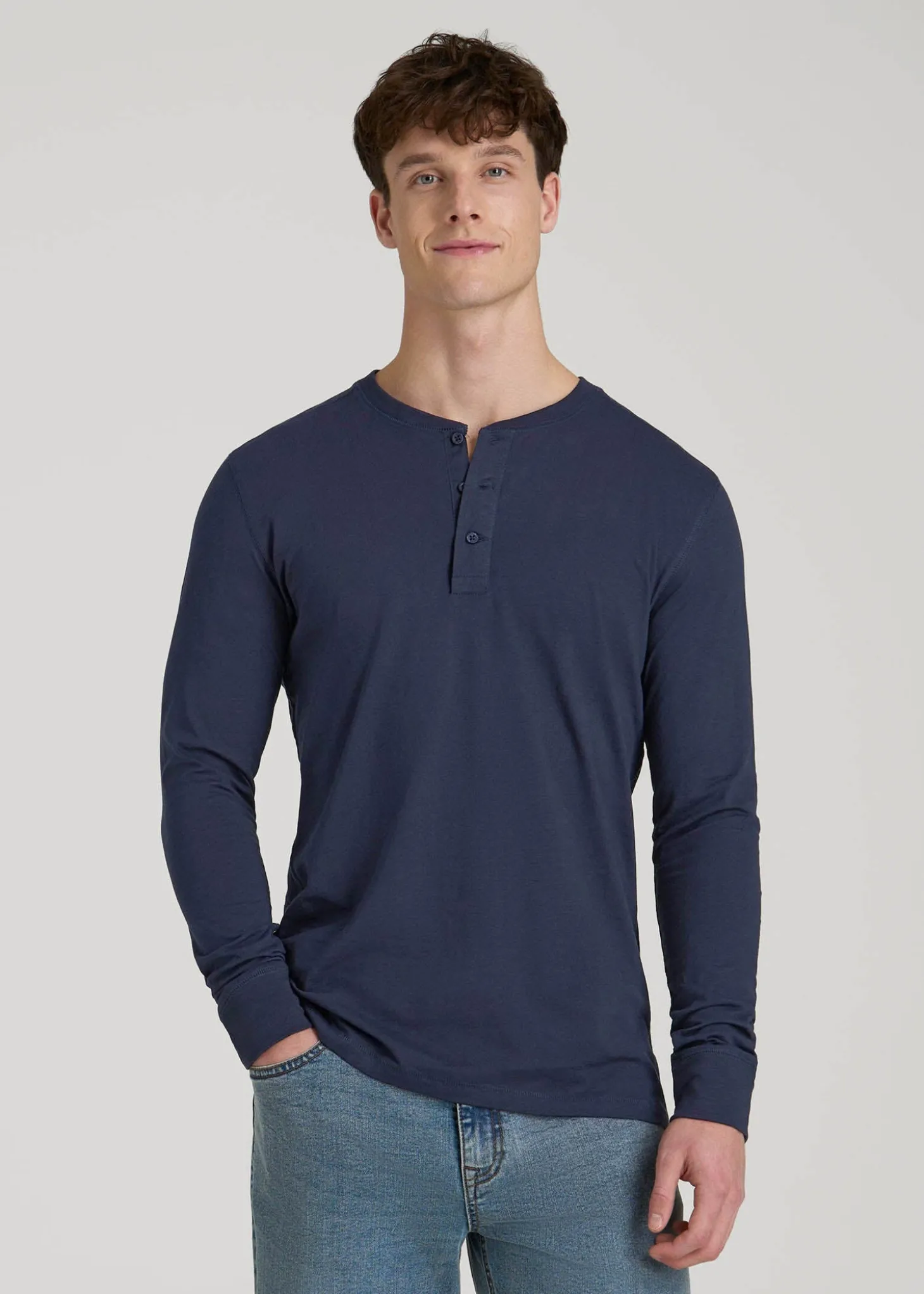 Three-Button Long Sleeve Slub Henley for Tall Men
