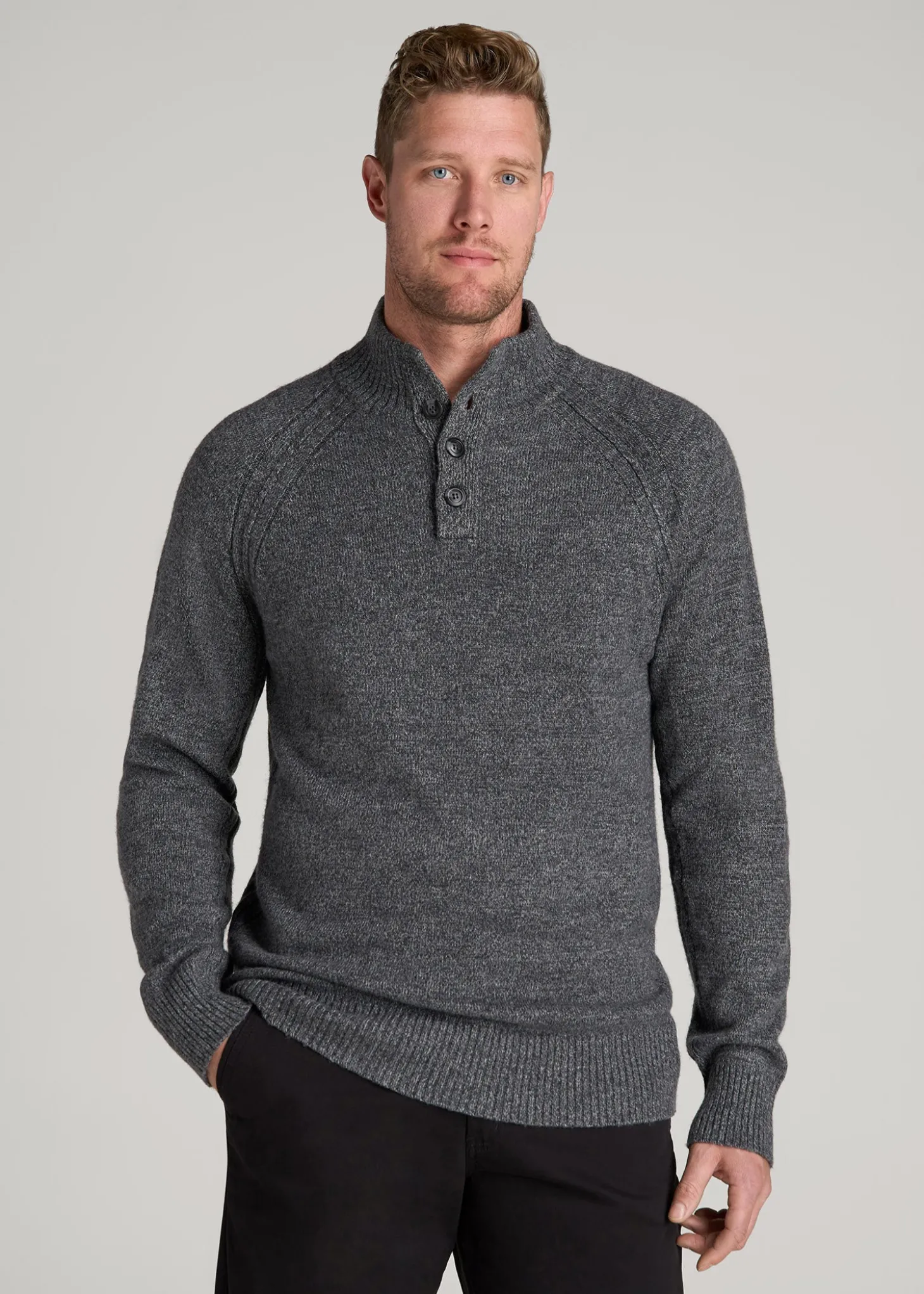 Three-Button Mock Neck Sweater for Tall Men